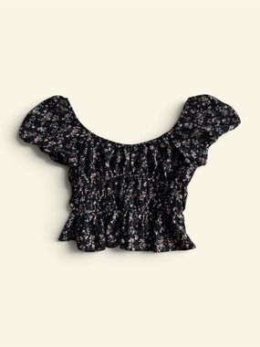 Moa Moa Black Floral Crop Top Smocked Ruffle Boho Cottagecore Medium Boho Chic